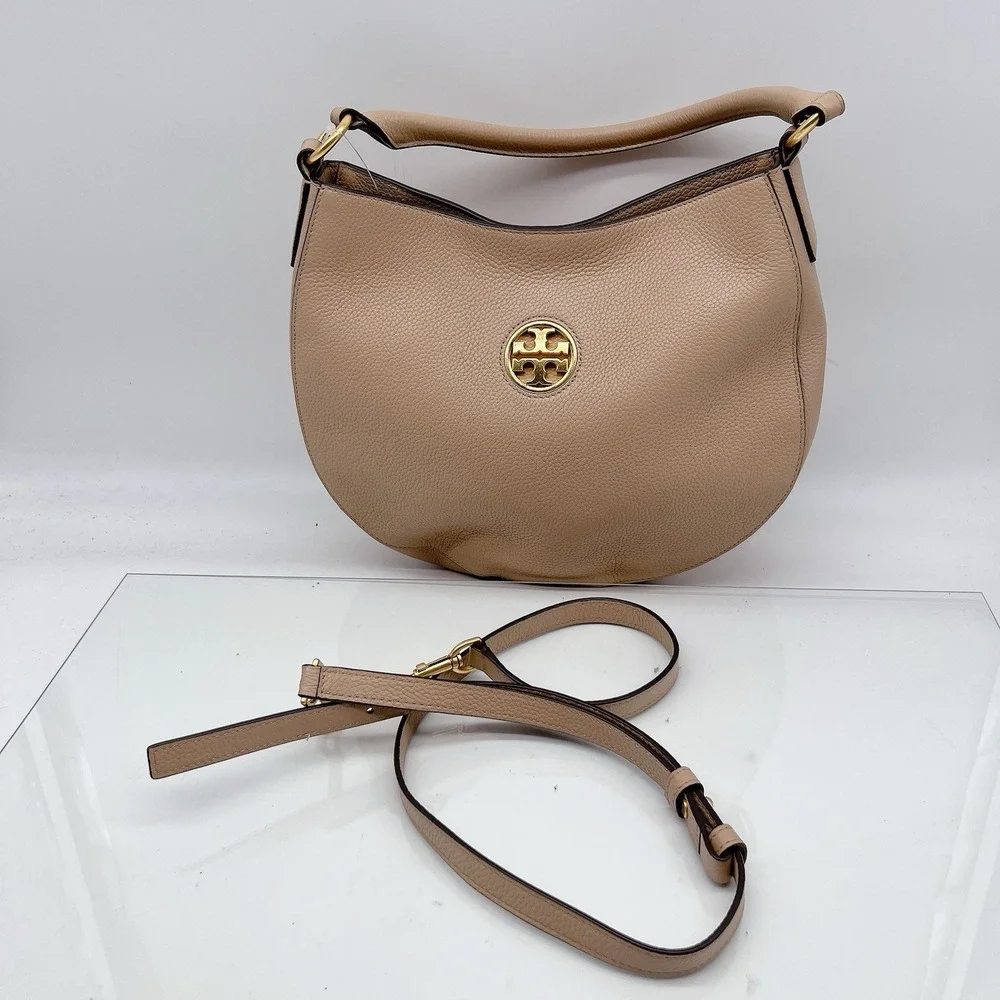Tory Burch Carson Devon HOBO Shoulder Bag Crossbody Blush Beige Tone Leather